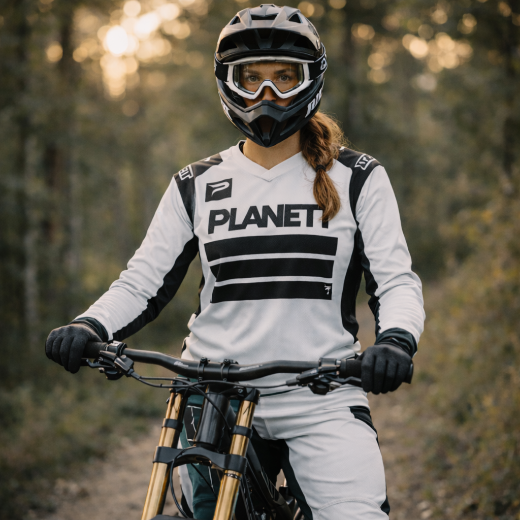 White and black planet motocross jersey with bold horizontal stripes.