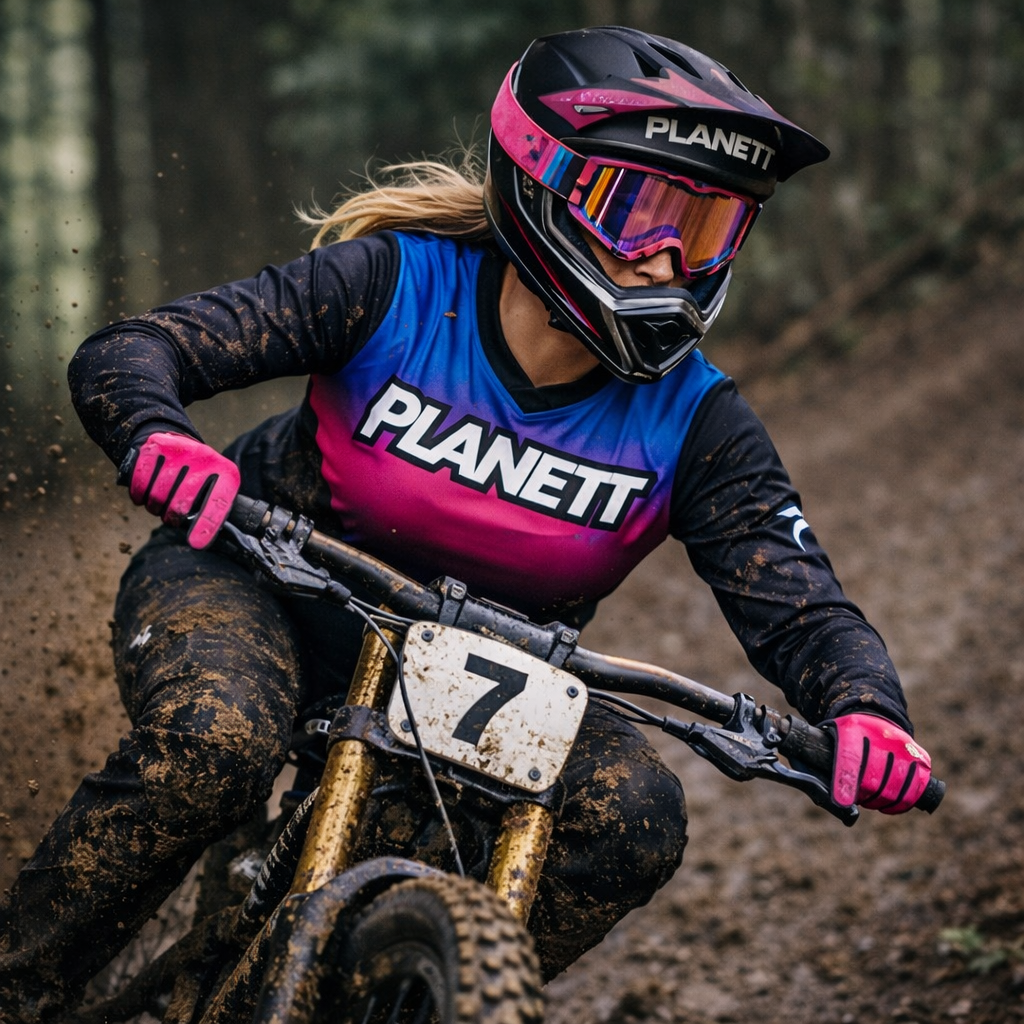 Black and pink planett mountain bike helmet with reflective goggles