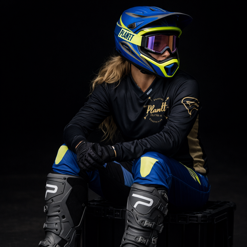 Blue and neon yellow planet helmet with purple-tinted goggles.