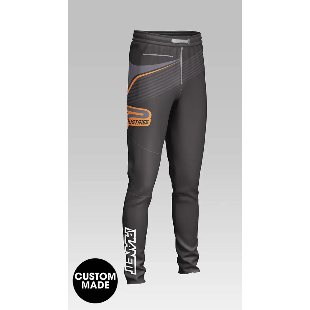 Black and orange patterned pants.