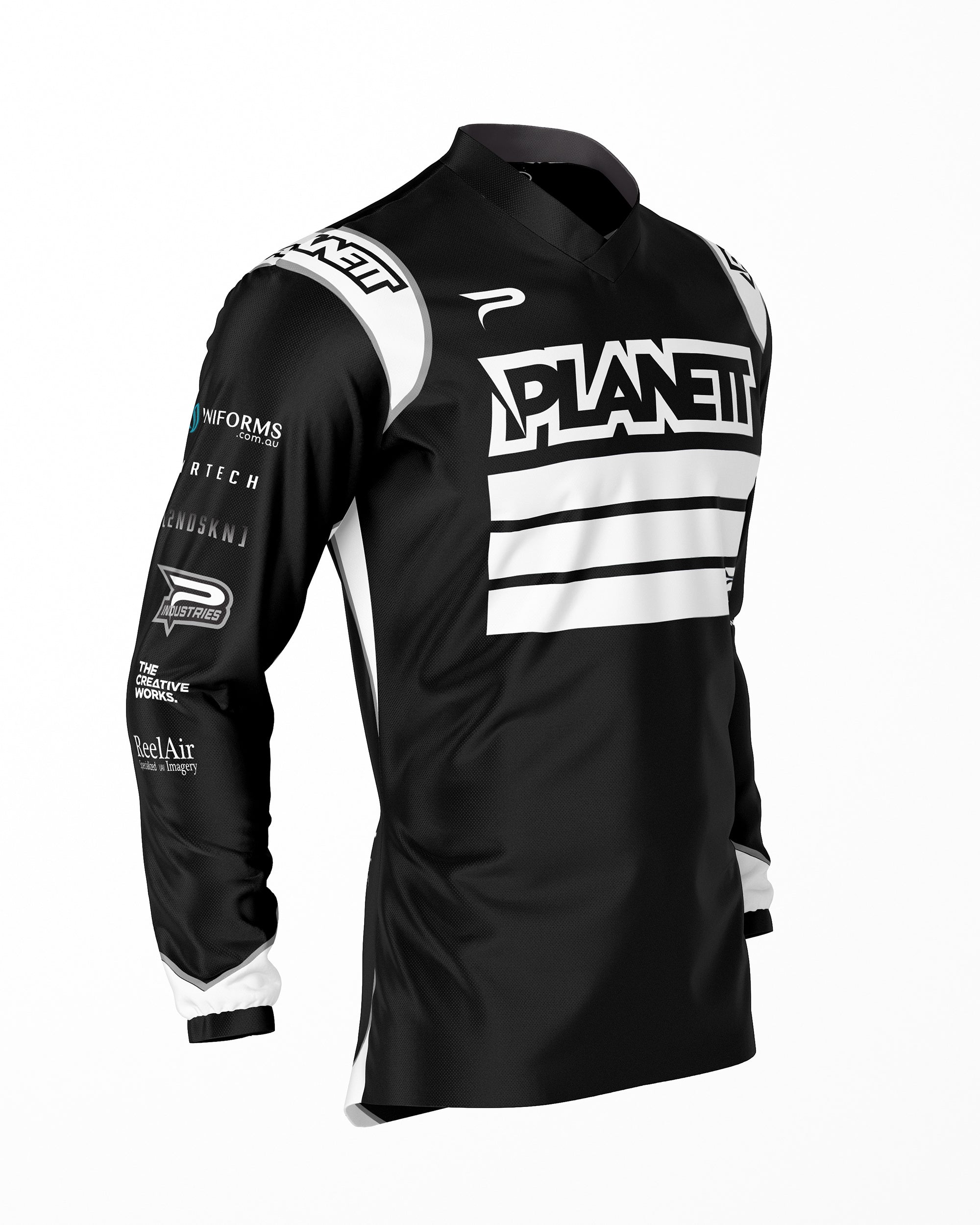 A black long-sleeved athletic or racing jersey with white accents and branding.