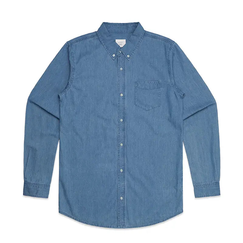 Blue long-sleeved button-down shirt.