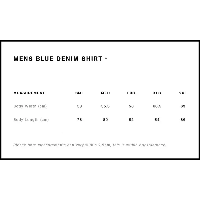 Men’s blue denim shirt size chart.