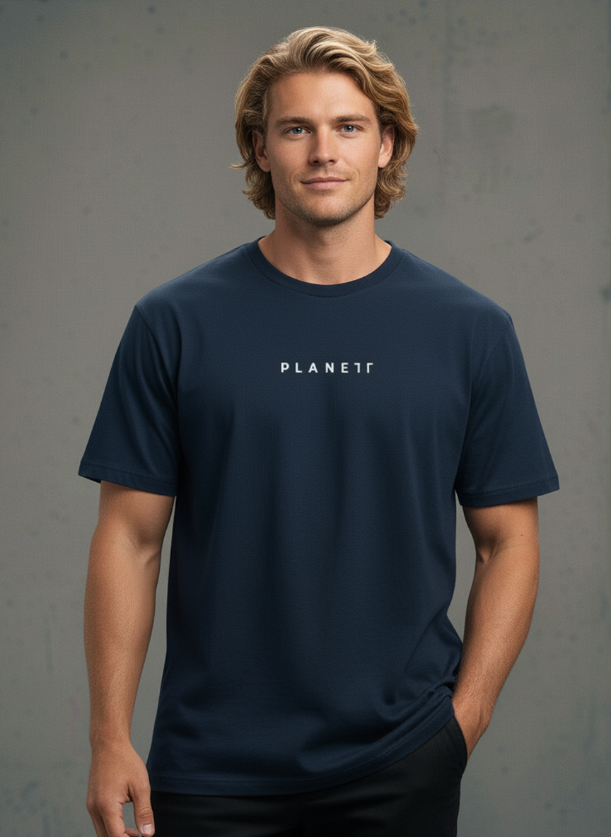 A man’s short-sleeved navy blue t-shirt.