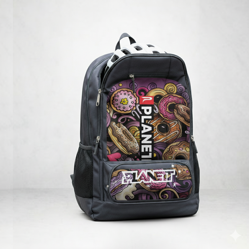 Grey and black backpack with colorful donut design, planet logo.
