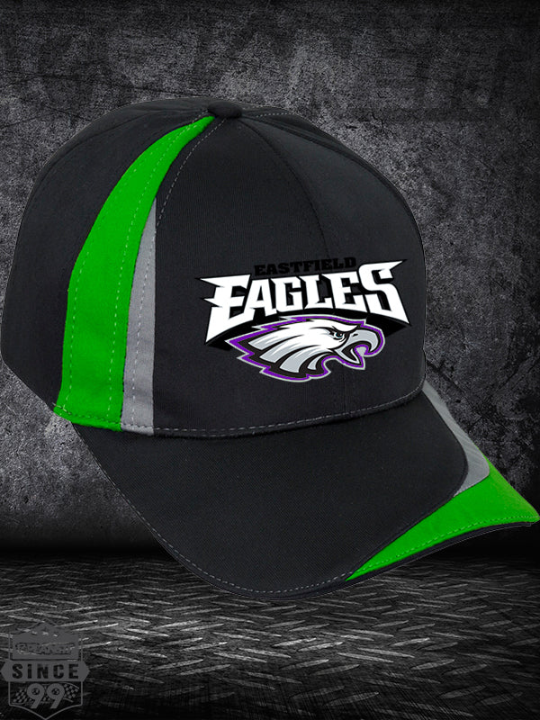 Black baseball cap with green and gray stripes and an βEastfield Eaglesβ logo.