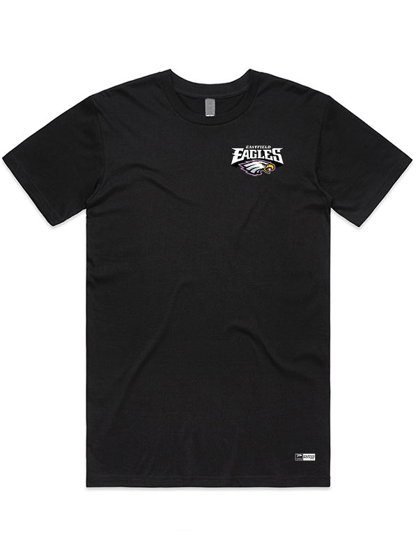 Black t-shirt with a white and yellow eagle logo on the left chest.
