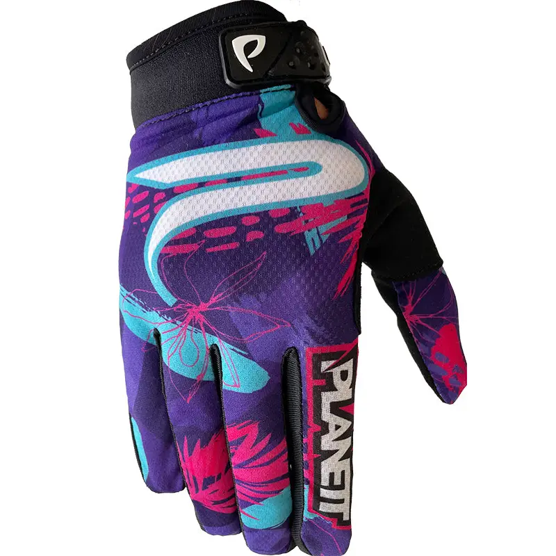 Purple, pink, and turquoise patterned glove.