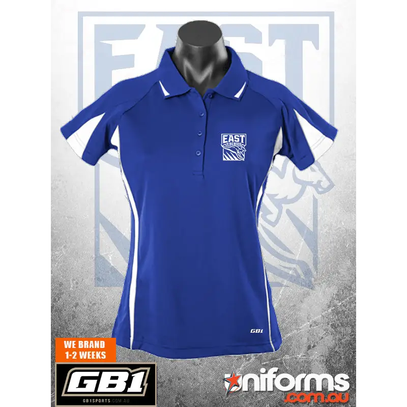 Blue and white polo shirt.