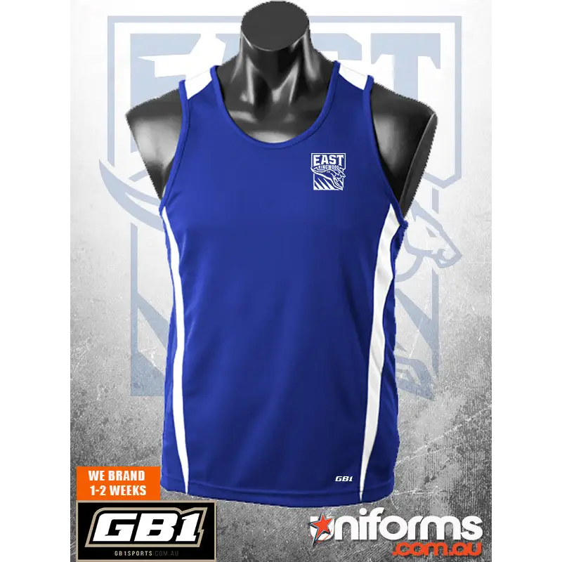 Blue and white athletic singlet.