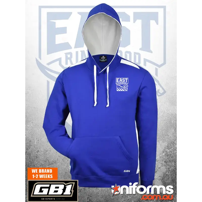 Blue hooded sweatshirt.