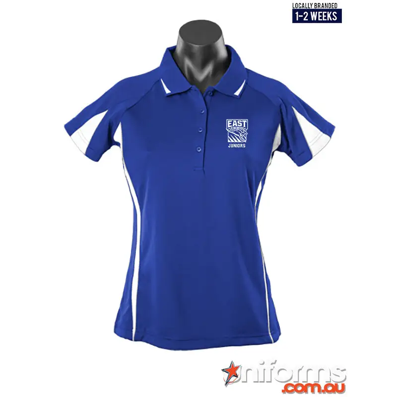 Blue and white women’s polo shirt.