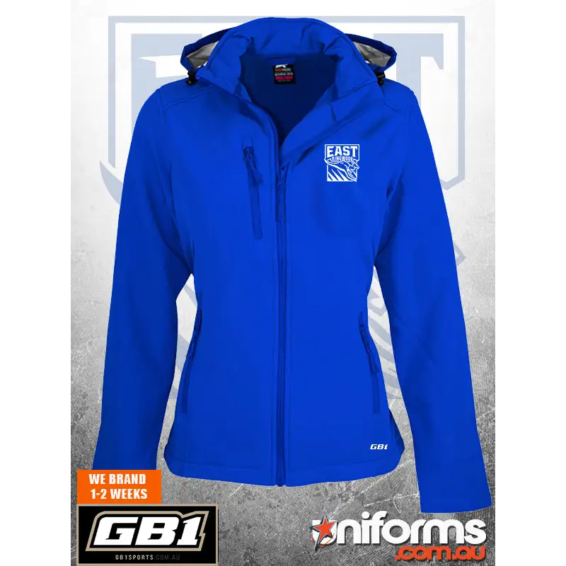 Blue hooded softshell jacket.