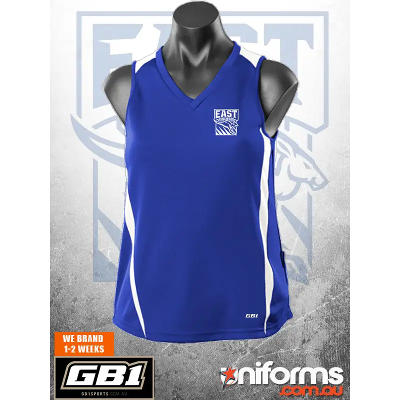 Blue and white athletic tank top.