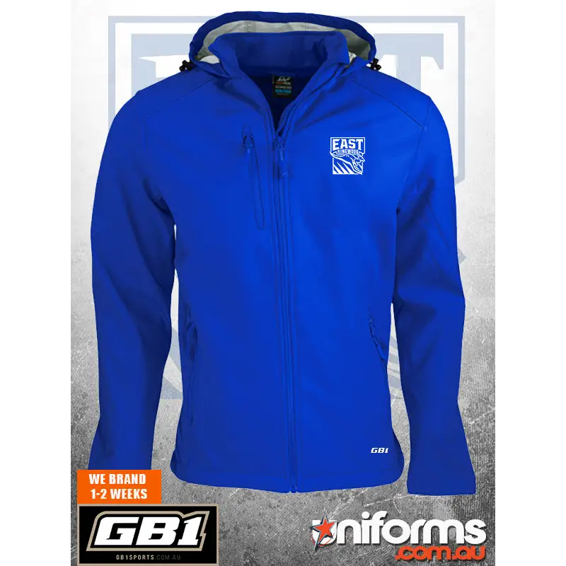 Blue hooded softshell jacket.