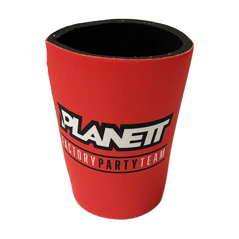 Red drink insulator with black interior.