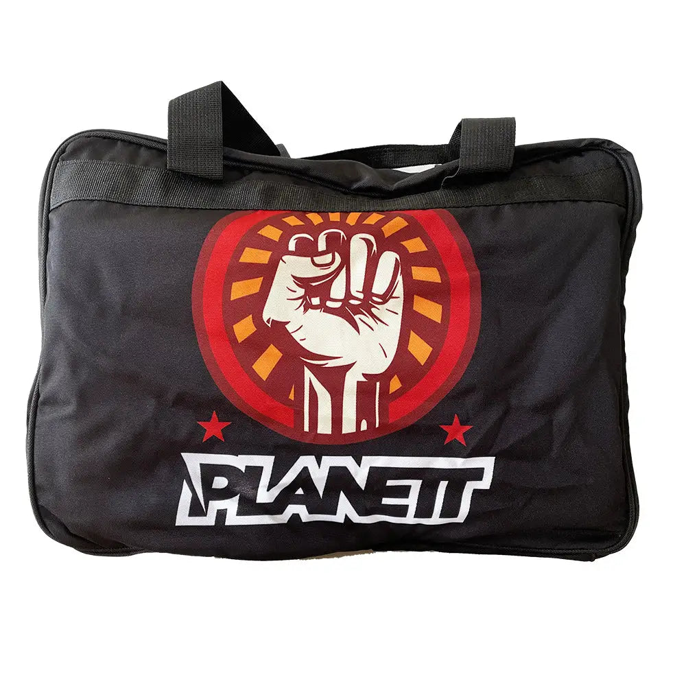 Black duffel bag with a fist graphic.