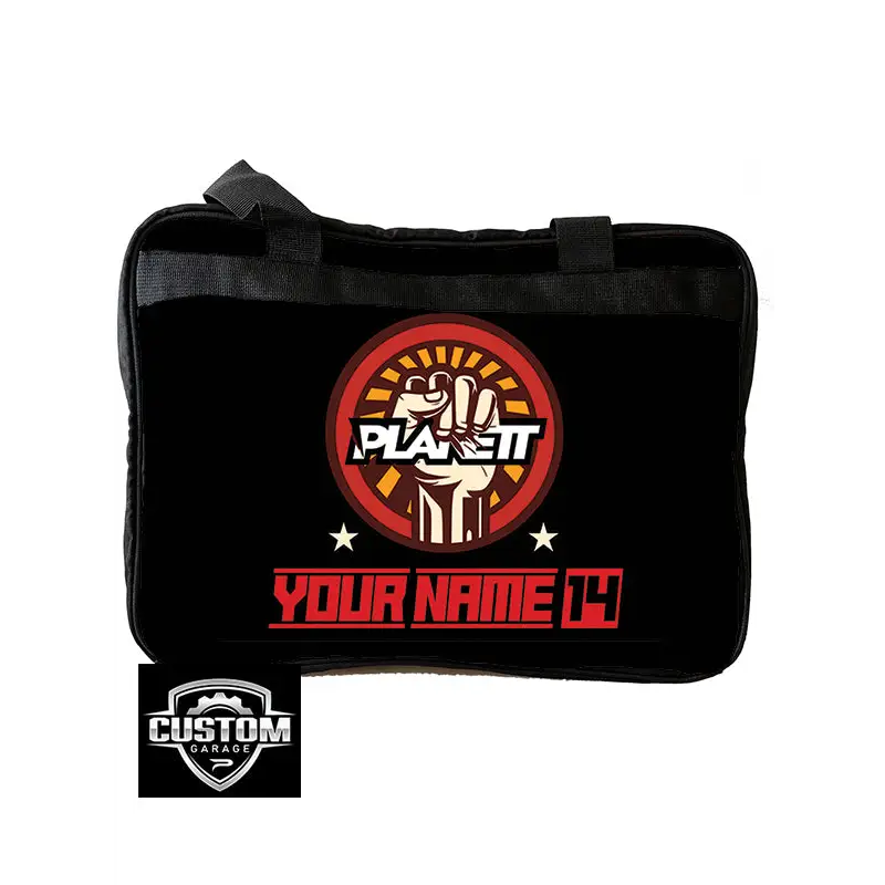 Black shoulder bag with graphic.