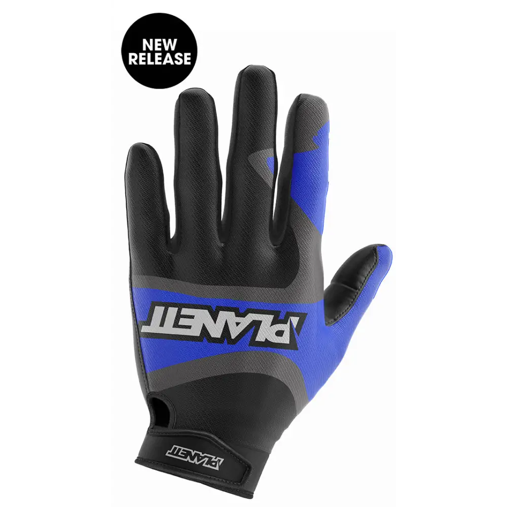 Black, blue, and gray paintball glove.