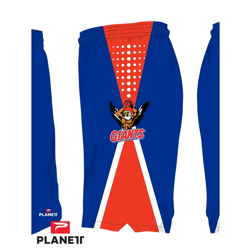Blue basketball shorts with orange accents and team logo.