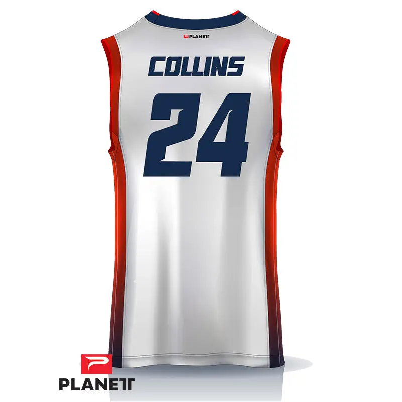 Sleeveless white sports jersey with red trim.