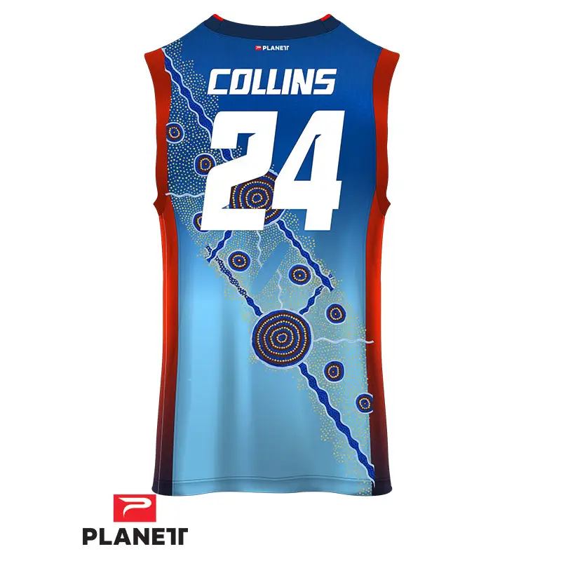 Sleeveless sports jersey with indigenous art.
