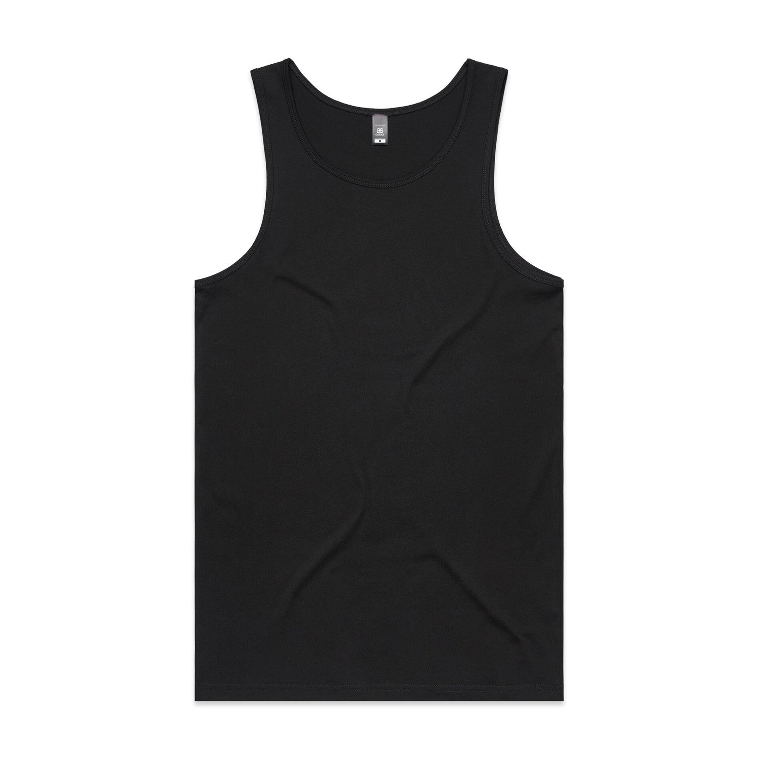 Black tank top with scoop neck and ribbed hem, made of cotton blend material.