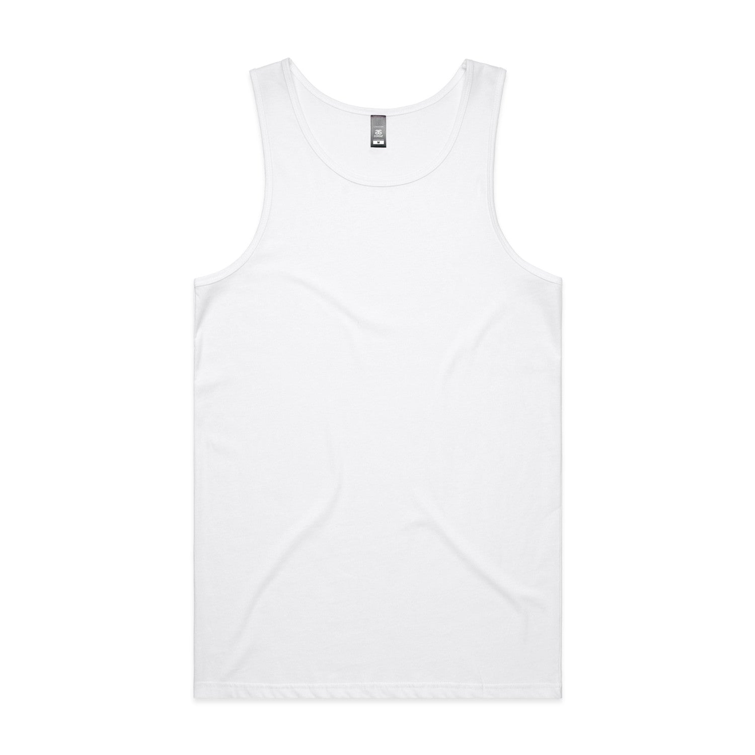 White sleeveless tank top with scoop neckline and ribbed hem, likely made of cotton or polyester blend.