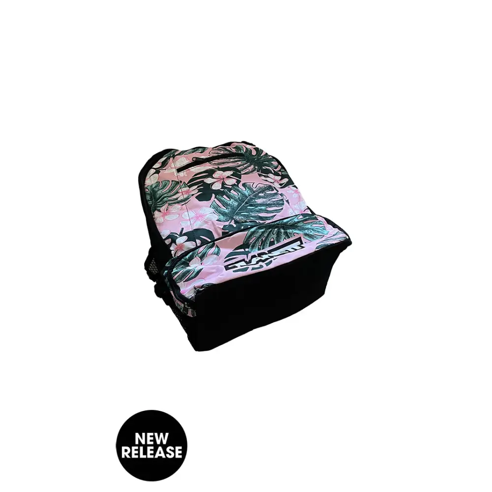 Floral-patterned backpack with black trim.