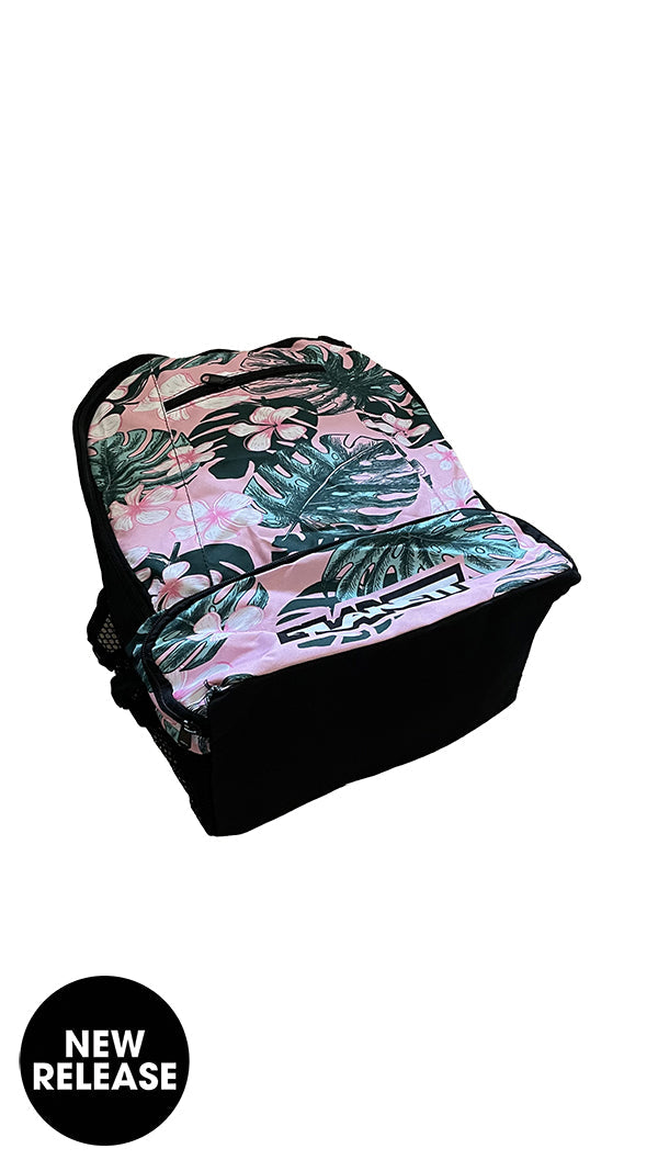 Pink and green tropical leaf-patterned backpack with black trim.