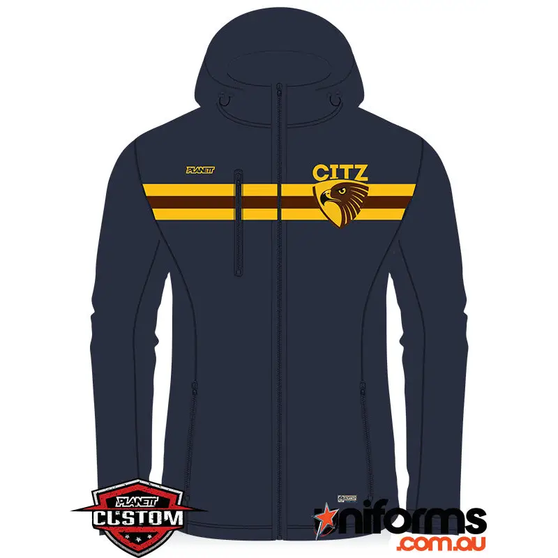 Navy hooded jacket with gold and brown stripes.
