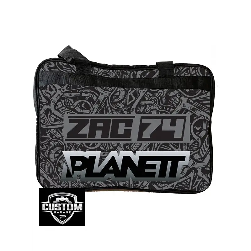 Gray and black patterned bag.