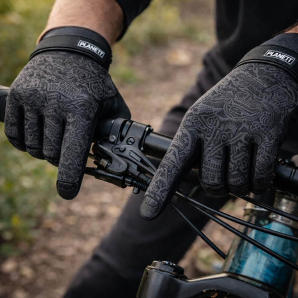 Black planet gloves with intricate gray patterned design.