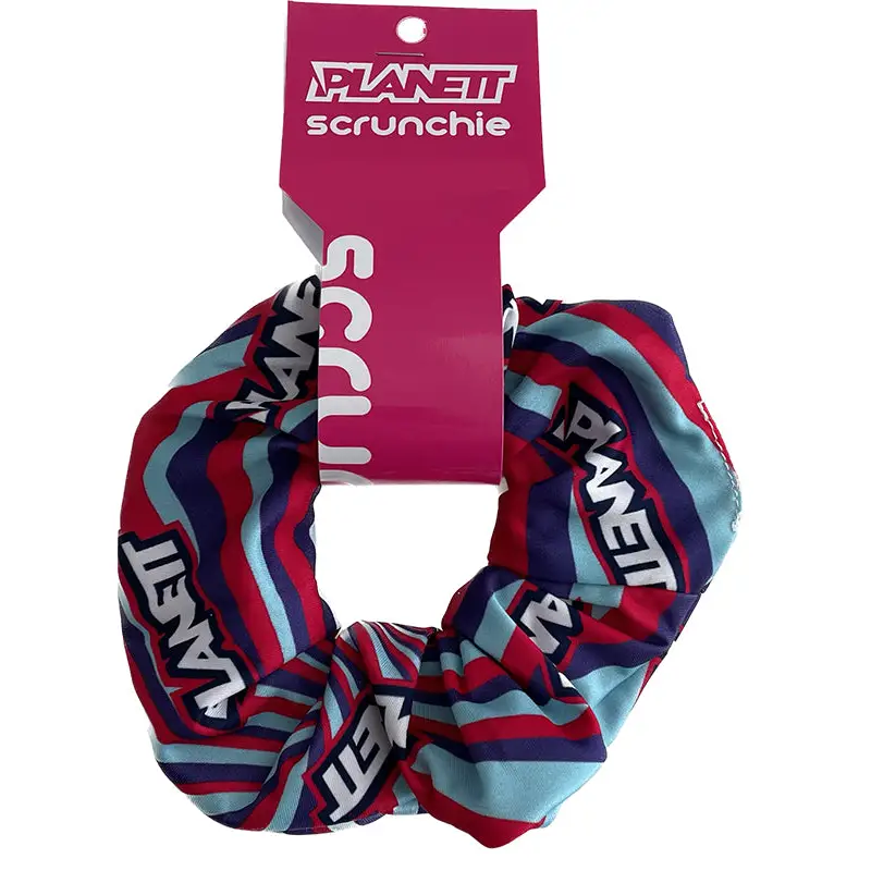 Striped scrunchie with brand tag.