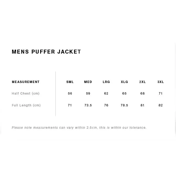 Men’s puffer jacket size chart.