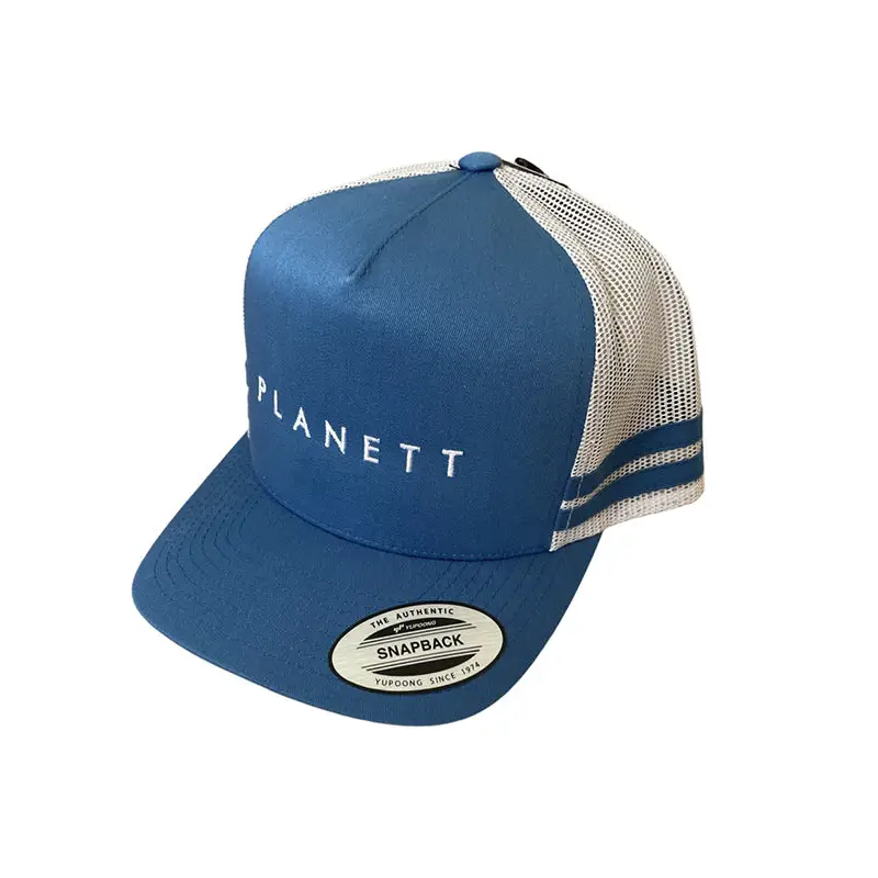 Blue and white trucker hat.