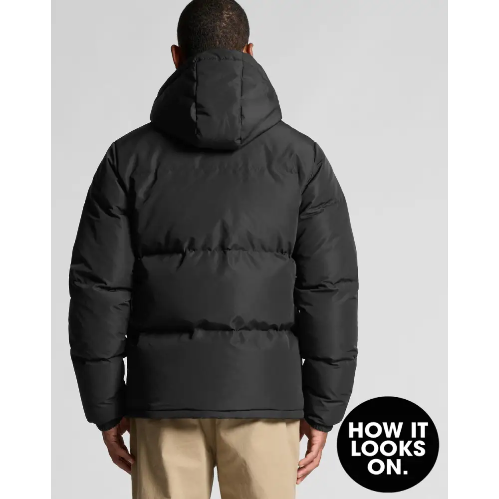 Black hooded puffer jacket.