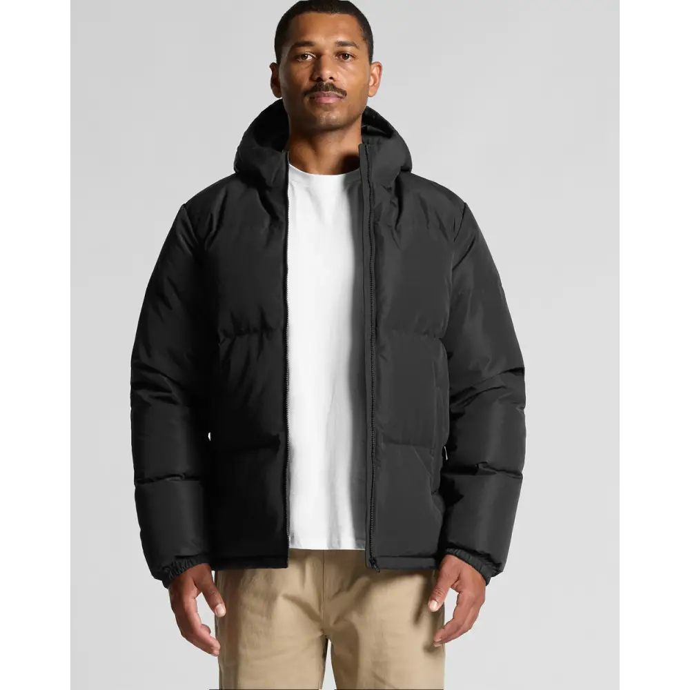 Black hooded puffer jacket.