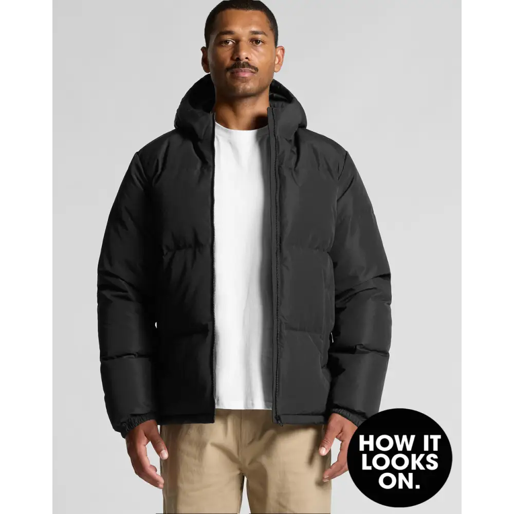 Black hooded puffer jacket.