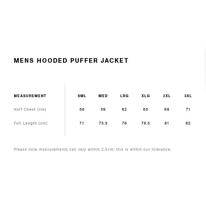 Men’s hooded puffer jacket size chart.