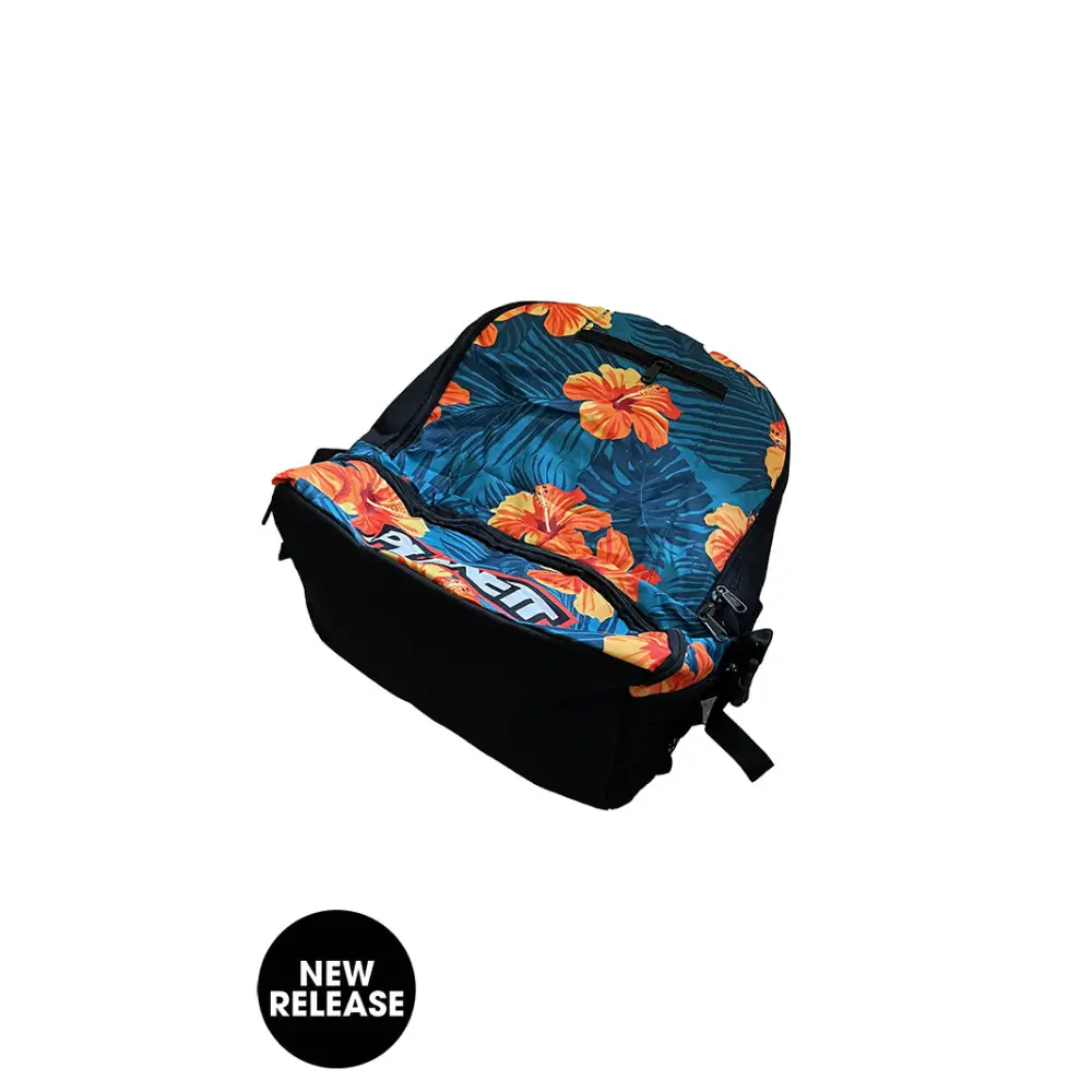 Floral patterned backpack.