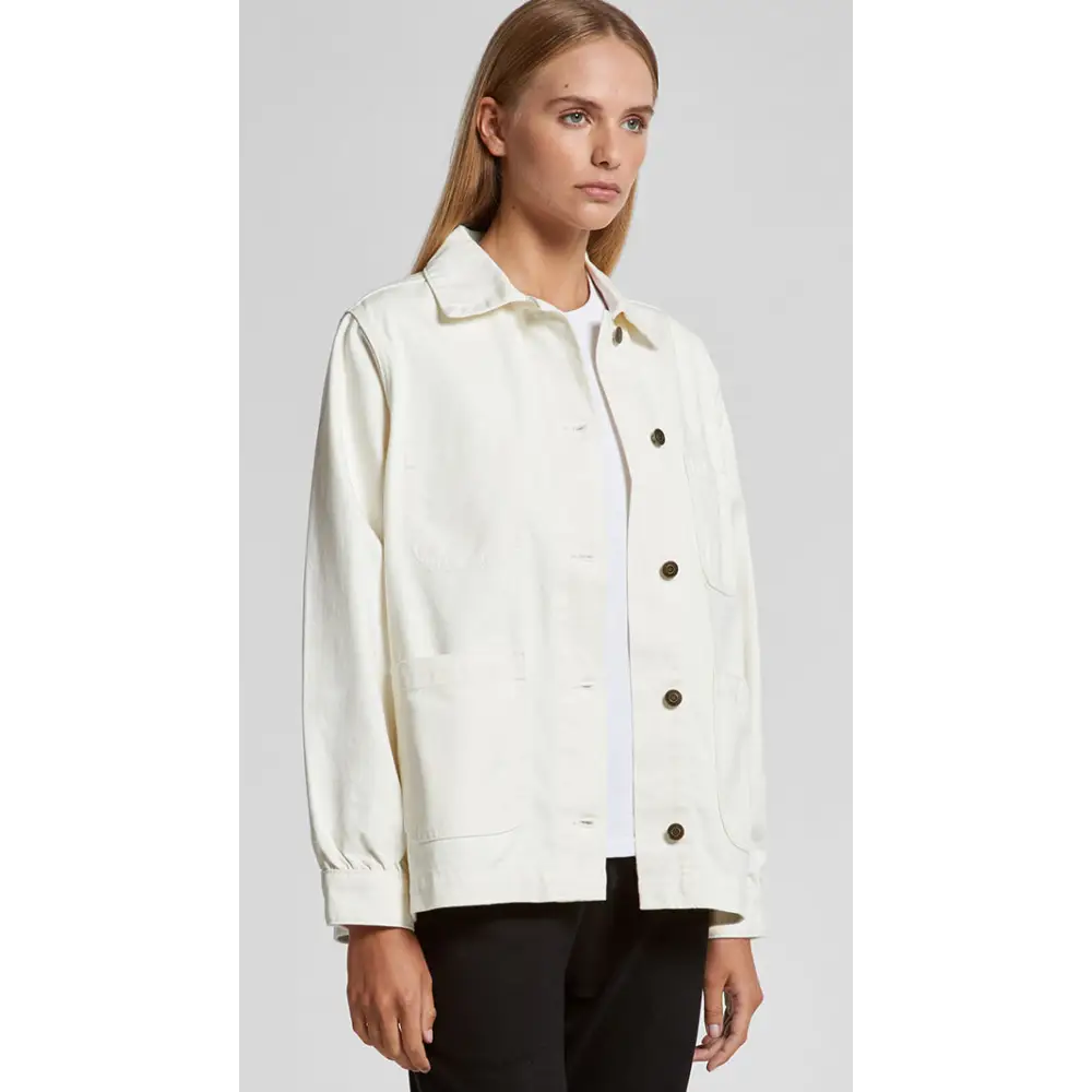 Woman’s off-white button-down jacket.