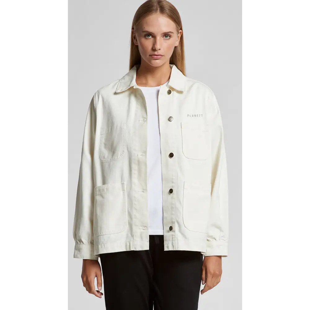 Cream-colored denim jacket.