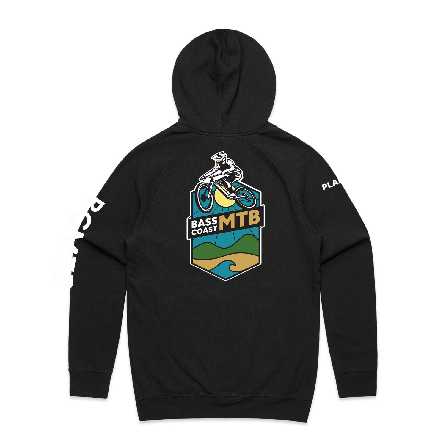 Black hooded sweatshirt with a colorful Bass Coast MTB graphic on the back.