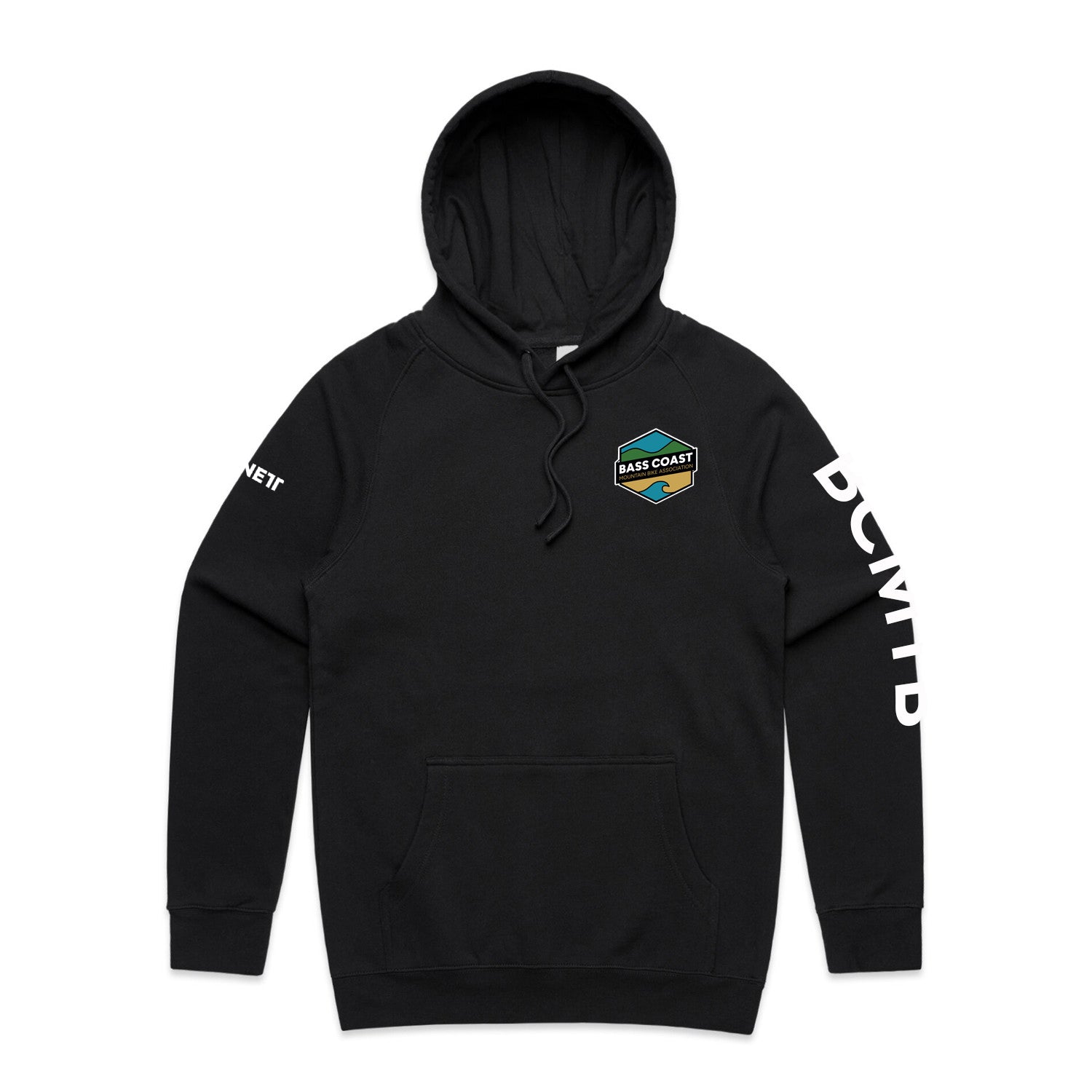 Black hooded sweatshirt with a colorful hexagonal logo on the chest.