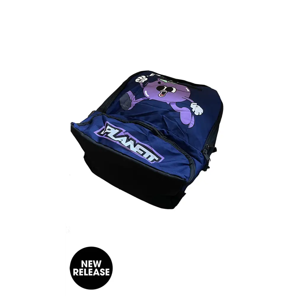 Blue and black backpack with cartoon character.