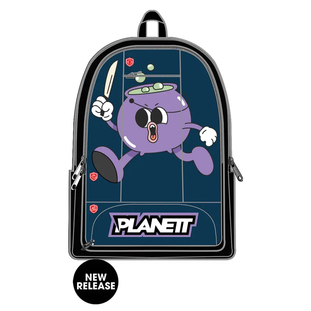 Cartoonish backpack with a cauldron character.