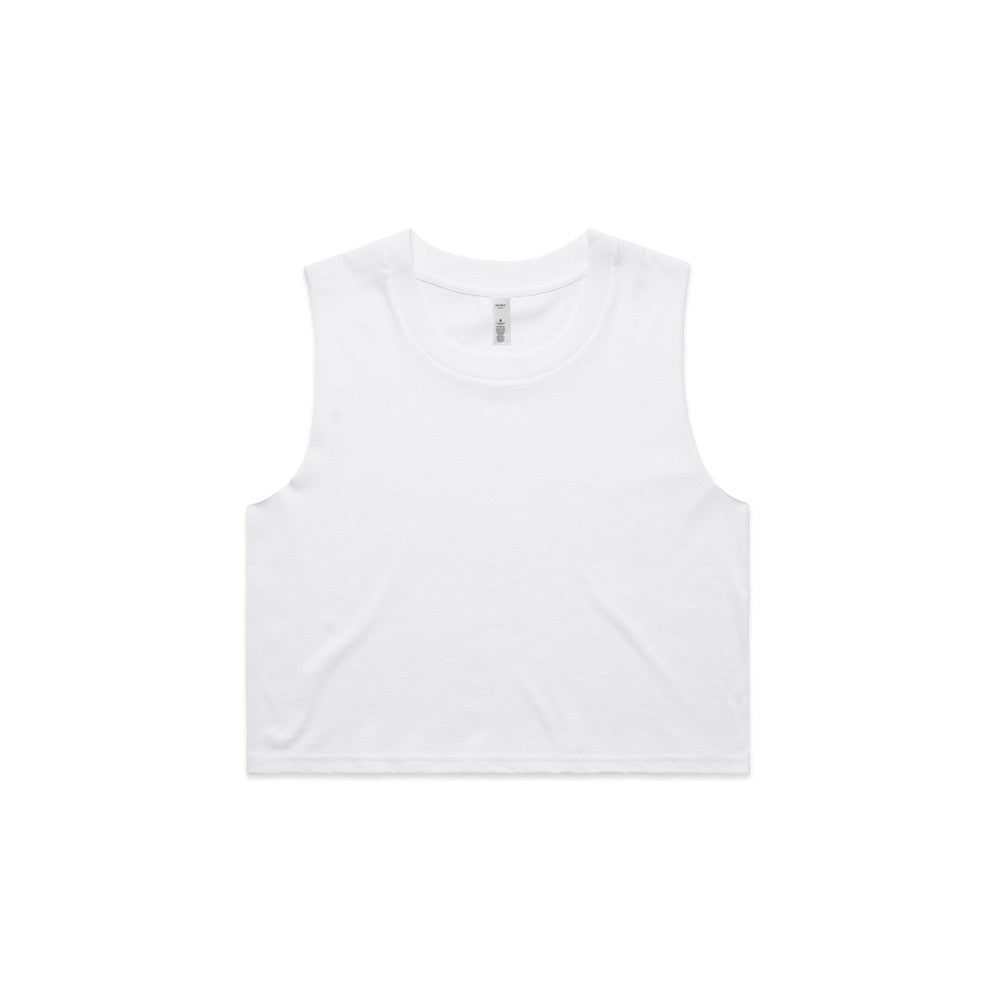White sleeveless crop top with a simple round neckline and clean, minimalist design.
