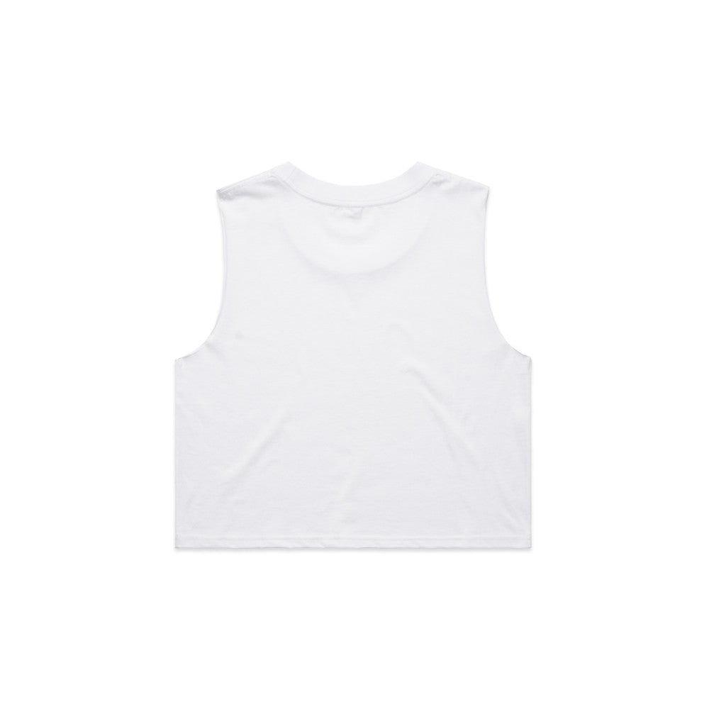 White sleeveless crop top with a simple, clean design.