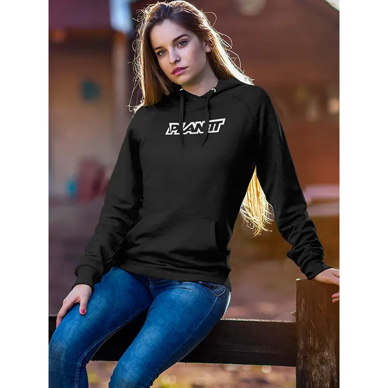 Black hoodie with white lettering.